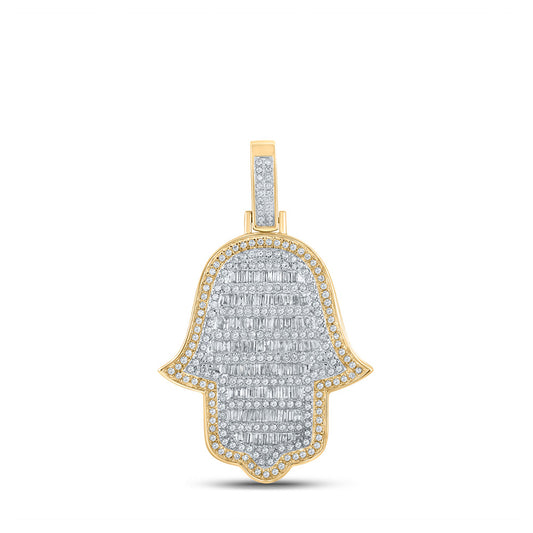 10K Yellow Gold Mens Baguette Diamond Hamsa Charm Pendant 1-5/8 Cttw, Length: 1.66 In, Width: 1 In