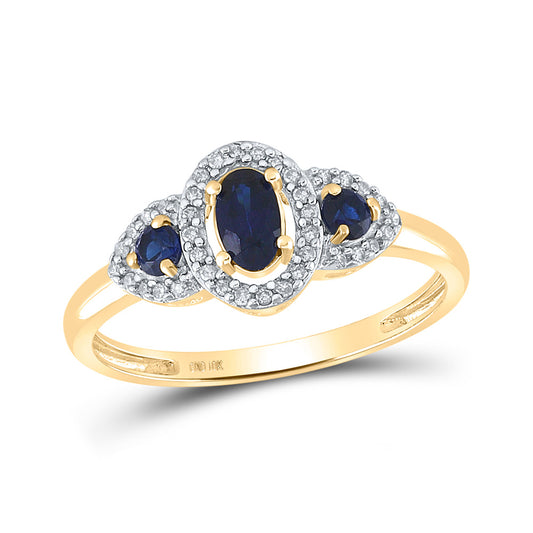 10K Yellow Gold Womens Oval Synthetic Blue Sapphire 3-stone Ring 5/8 Cttw, Womens Size: 5-10