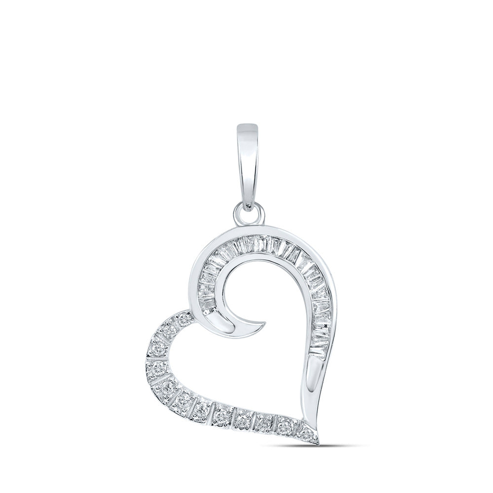 10K White Gold Womens Baguette Diamond Heart Pendant 1/6 Cttw