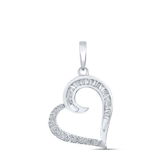 10K White Gold Womens Baguette Diamond Heart Pendant 1/6 Cttw
