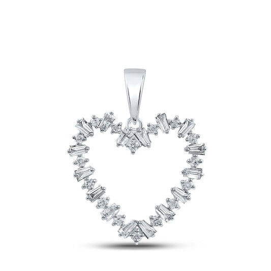 10K White Gold Womens Baguette Diamond Heart Pendant 1/3 Cttw