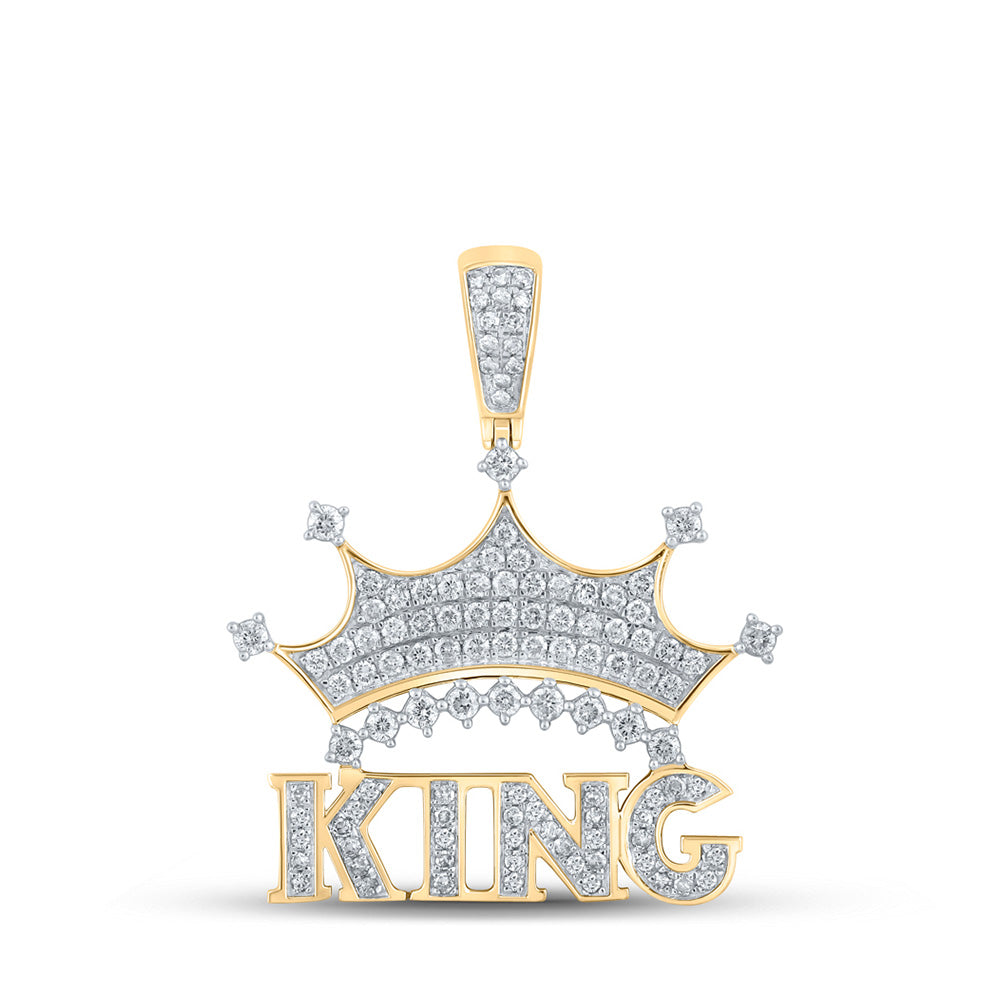10K Yellow Gold Mens Round Diamond King Crown Phrase Charm Pendant 7/8 Cttw, Length: 1.38 In, Width: 1.1 In