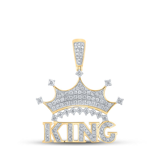 10K Yellow Gold Mens Round Diamond King Crown Phrase Charm Pendant 7/8 Cttw, Length: 1.38 In, Width: 1.1 In