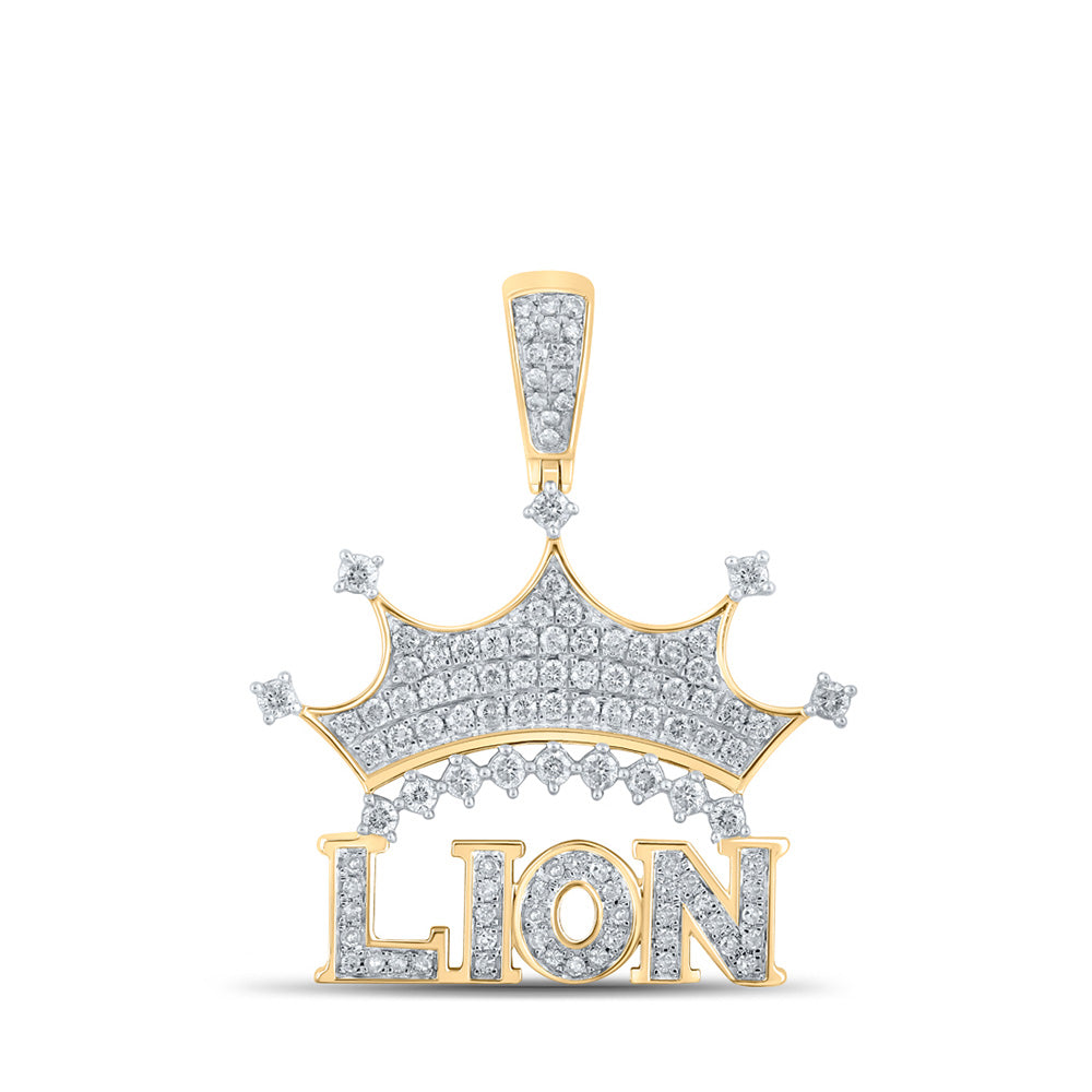 10K Yellow Gold Mens Round Diamond Lion Crown Phrase Charm Pendant 7/8 Cttw