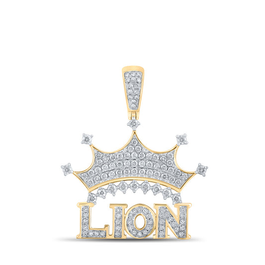 10K Yellow Gold Mens Round Diamond Lion Crown Phrase Charm Pendant 7/8 Cttw