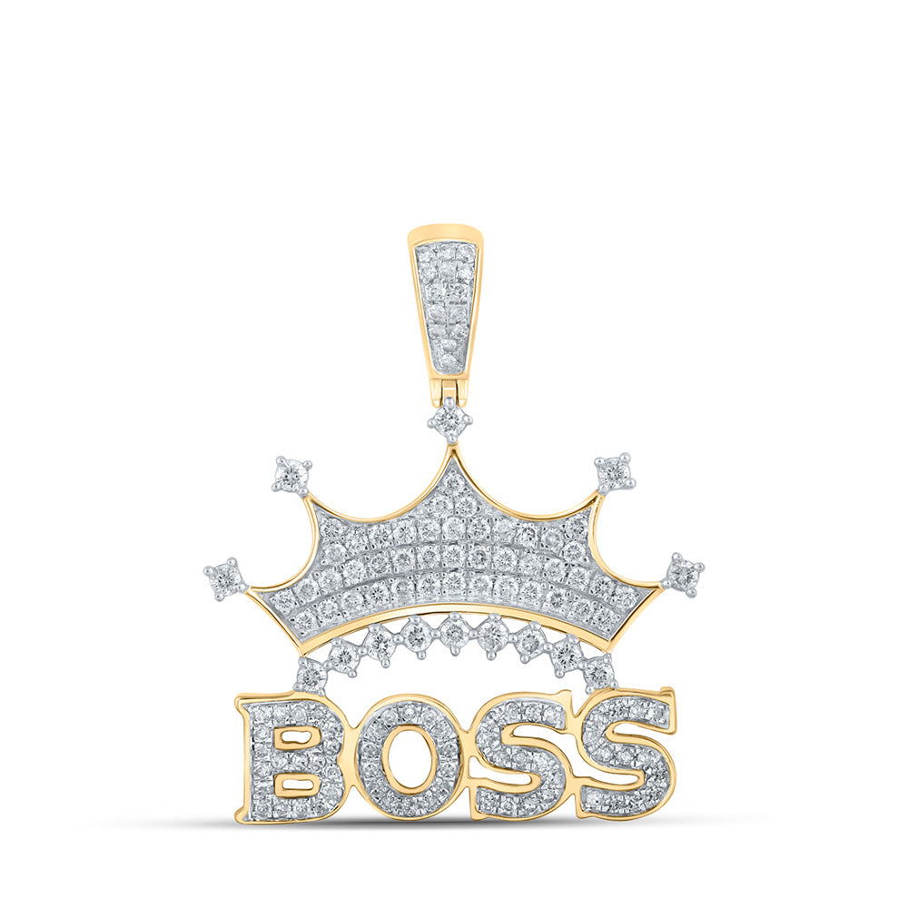10K Yellow Gold Mens Round Diamond Boss Crown Phrase Charm Pendant 1 Cttw