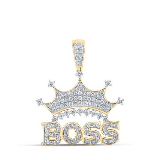 10K Yellow Gold Mens Round Diamond Boss Crown Phrase Charm Pendant 1 Cttw