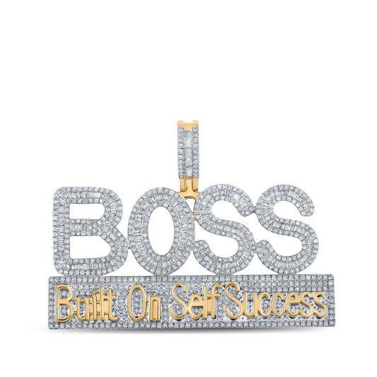 10K Yellow Gold Mens Baguette Diamond BOSS Phrase Charm Pendant 2-3/8 Cttw, Length: 1.39 In, Width: 1.99 In