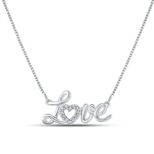 Sterling Silver Womens Round Diamond Love Heart Necklace 1/20 Cttw, Length: 17.5 In