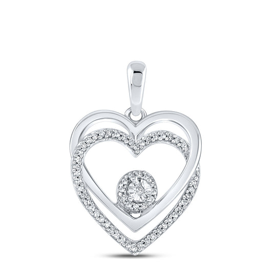 Sterling Silver Womens Round Diamond Heart Pendant 1/10 Cttw, Length: 0.78 In, Width: 0.52 In
