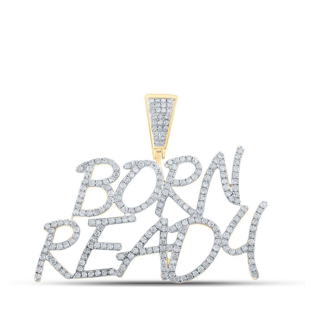 10K Yellow Gold Mens Round Diamond Born Ready Phrase Charm Pendant 1-1/3 Cttw, Length: 1.33 In, Width: 1.66 In