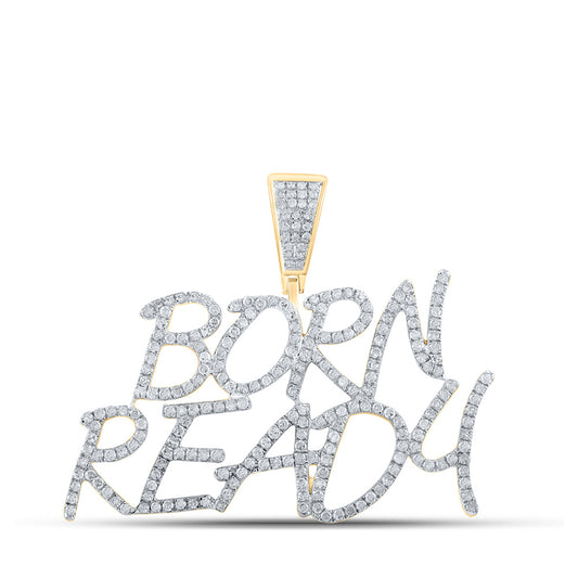 10K Yellow Gold Mens Round Diamond Born Ready Phrase Charm Pendant 1-1/3 Cttw, Length: 1.33 In, Width: 1.66 In