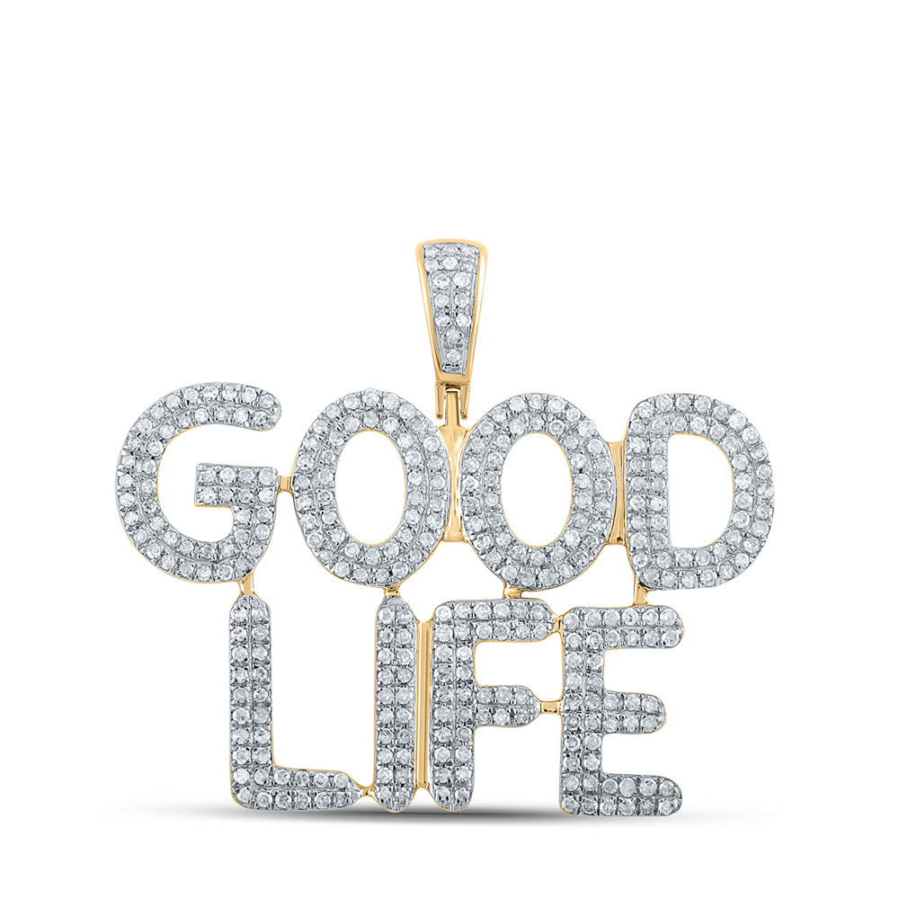 10K Yellow Gold Mens Round Diamond Good Life Phrase Charm Pendant 1 Cttw, Length: 1.32 In, Width: 1.42 In