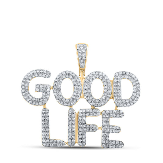 10K Yellow Gold Mens Round Diamond Good Life Phrase Charm Pendant 1 Cttw, Length: 1.32 In, Width: 1.42 In