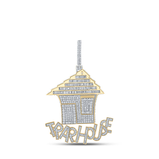 10K Yellow Gold Mens Baguette Diamond Trap House Charm Pendant 4-5/8 Cttw