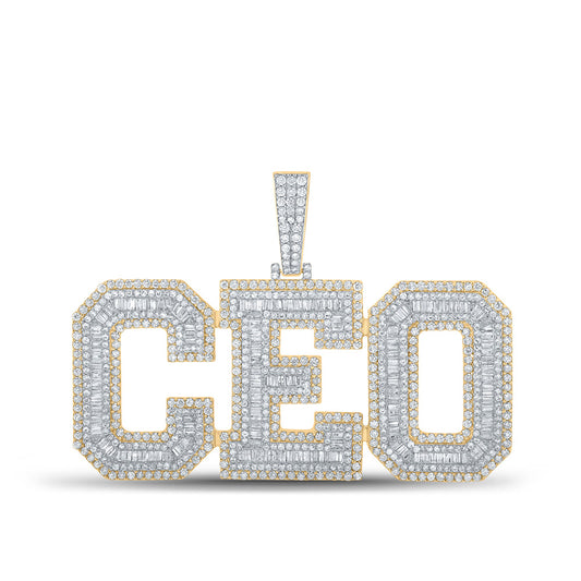 10K Yellow Gold Mens Baguette Diamond CEO Phrase Charm Pendant 6-3/4 Cttw, Length: 1.51 In, Width: 2.71 In