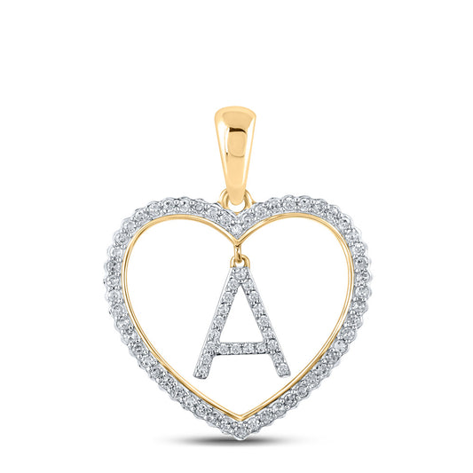 10K Yellow Gold Womens Round Diamond Heart A Letter Pendant 1/4 Cttw, Length: 1.06 In, Width: 0.79 In
