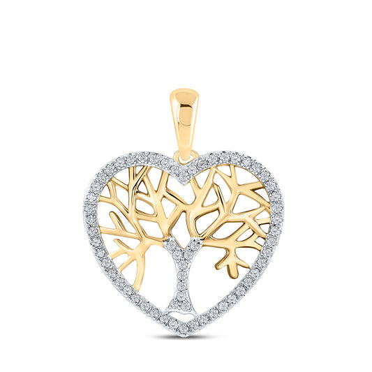 10K Yellow Gold Womens Round Diamond Tree of Life Heart Pendant 1/4 Cttw