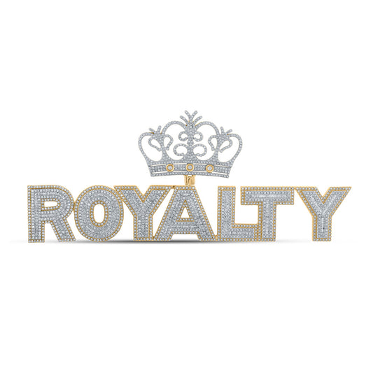10K Yellow Gold Mens Baguette Diamond Royalty Crown Phrase Charm Pendant 4-5/8 Cttw, Length: 1.7 In, Width: 4.4 In