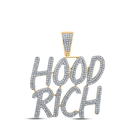 10K Yellow Gold Mens Round Diamond Hood Rich Phrase Charm Pendant 1-1/4 Cttw, Length: 1.54 In, Width: 1.3 In