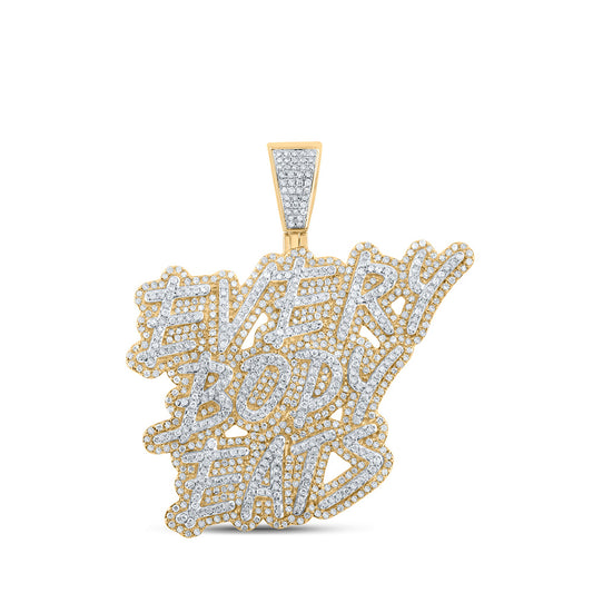 10K Yellow Gold Mens Round Diamond Everybody Eats Phrase Charm Pendant 2 Cttw
