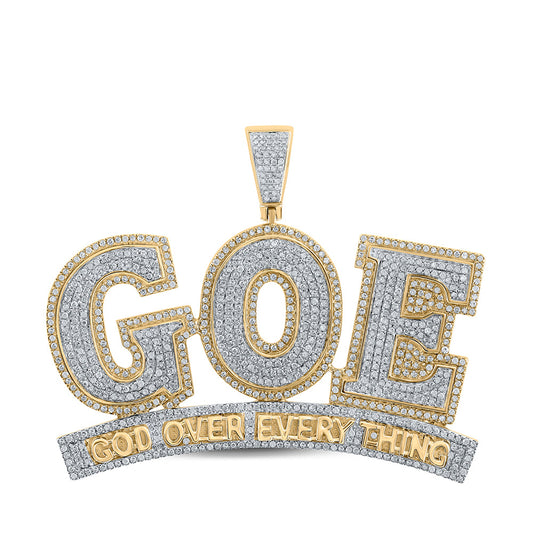 10K Yellow Gold Mens Round Diamond God Over Everything Phrase Charm Pendant 2-1/3 Cttw, Length: 1.97 In, Width: 2.36 In