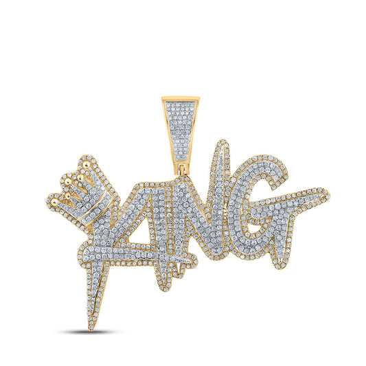 10K Two-tone Gold Mens Round Diamond King Crown Phrase Charm Pendant 2-1/2 Cttw, Length: 1.95 In
