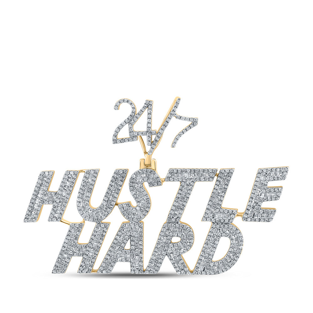 10K Yellow Gold Mens Baguette Diamond Hustle Hard 24 7 Phrase Charm Pendant 2-5/8 Cttw, Length: 1.71 In, Width: 2.55 In