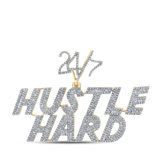 10K Yellow Gold Mens Baguette Diamond Hustle Hard 24 7 Phrase Charm Pendant 2-5/8 Cttw, Length: 1.71 In, Width: 2.55 In