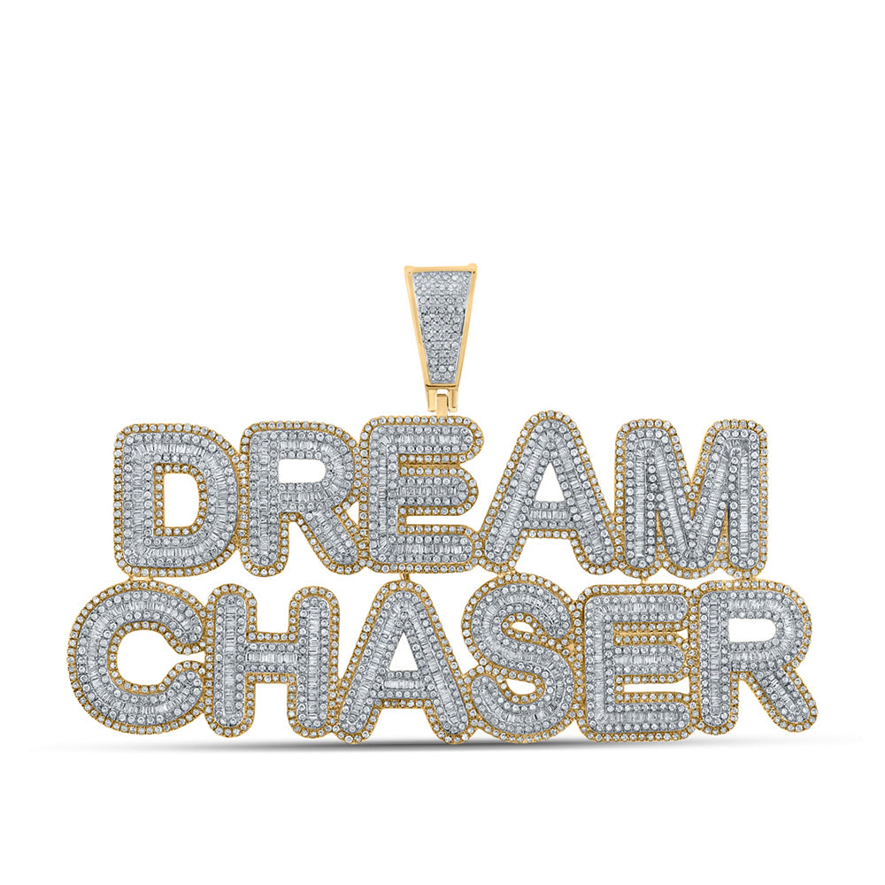 10K Yellow Gold Mens Baguette Diamond Dream Chaser Phrase Charm Pendant 6-3/4 Cttw, Length: 2 In, Width: 3.51 In