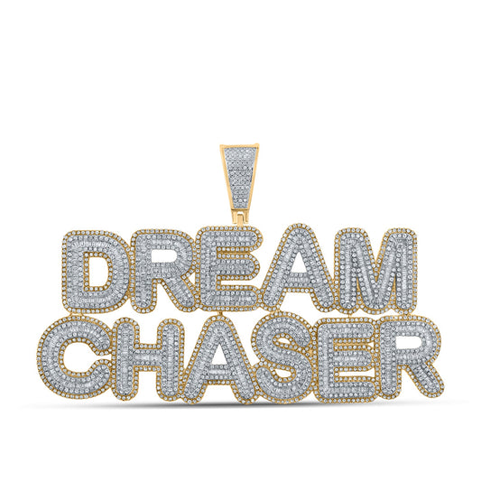 10K Yellow Gold Mens Baguette Diamond Dream Chaser Phrase Charm Pendant 6-3/4 Cttw, Length: 2 In, Width: 3.51 In