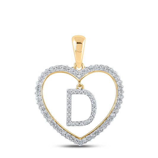 10K Yellow Gold Womens Round Diamond Heart D Letter Pendant 1/4 Cttw, Length: 1.06 In, Width: 0.79 In