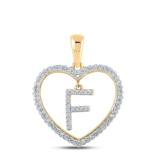 10K Yellow Gold Womens Round Diamond Heart F Letter Pendant 1/4 Cttw, Length: 1.06 In, Width: 0.79 In
