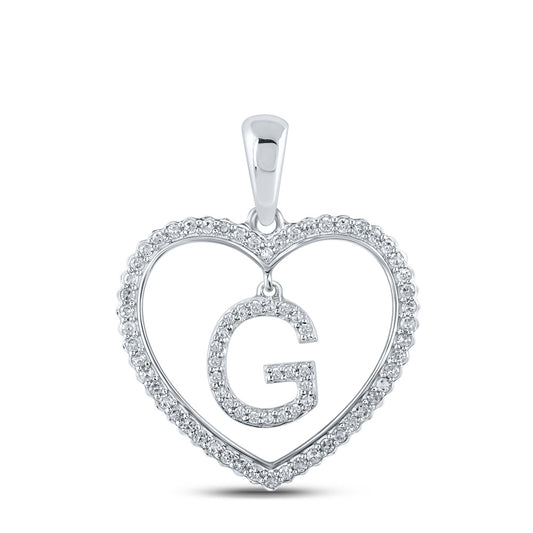 10K White Gold Womens Round Diamond Heart Letter Pendant