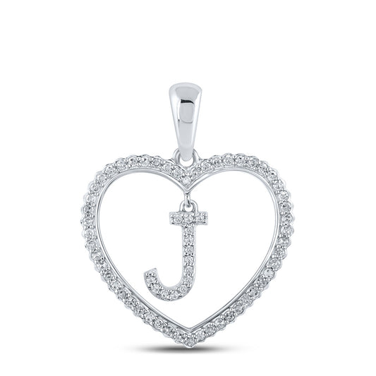 10K White Gold Womens Round Diamond Heart Letter Pendant