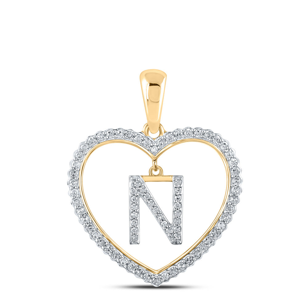 10K Yellow Gold Womens Round Diamond Heart Letter Pendant