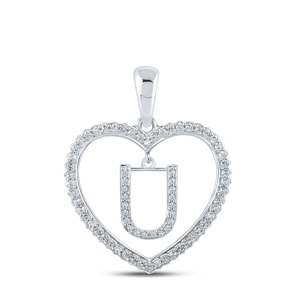 10K White Gold Womens Round Diamond Heart Letter Pendant