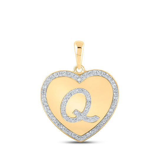 10K Yellow Gold Womens Round Diamond Heart Q Letter Pendant 1/5 Cttw