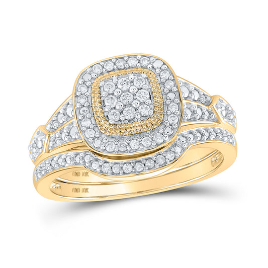 10K Yellow Gold Round Diamond Cluster Bridal Wedding Ring Band Set 1/5 Cttw, Womens Size: 5-10