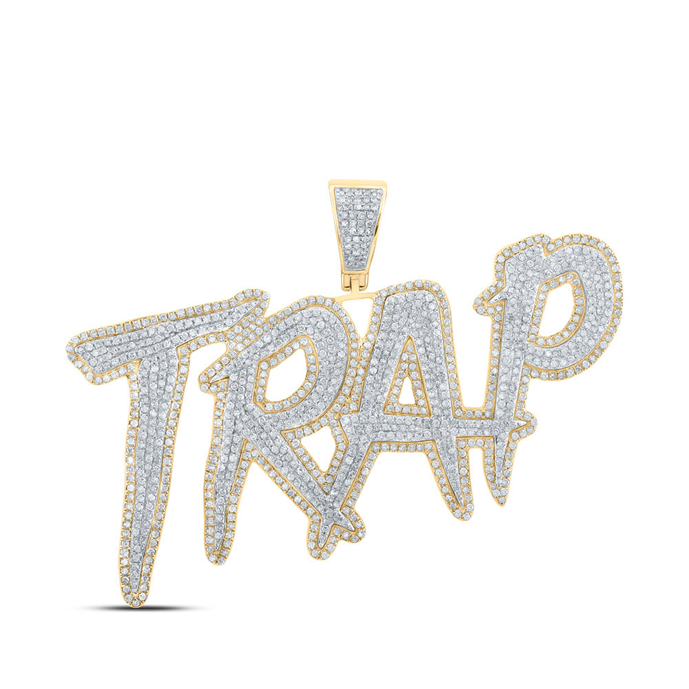 10K Two-tone Gold Mens Round Diamond Trap Phrase Charm Pendant 3 Cttw, Length: 1.81 In, Width: 2.56 In