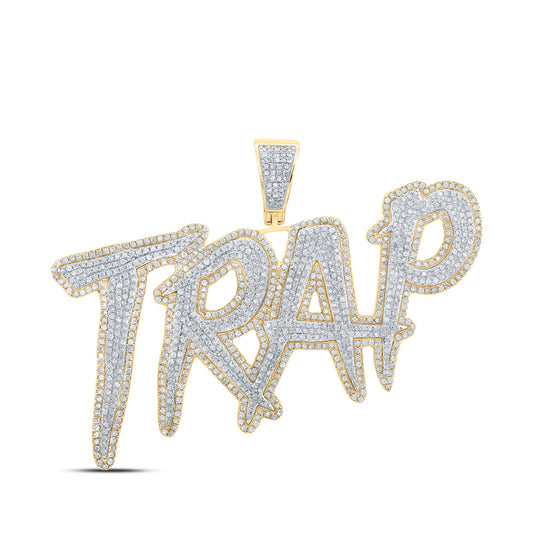 10K Two-tone Gold Mens Round Diamond Trap Phrase Charm Pendant 3 Cttw, Length: 1.81 In, Width: 2.56 In