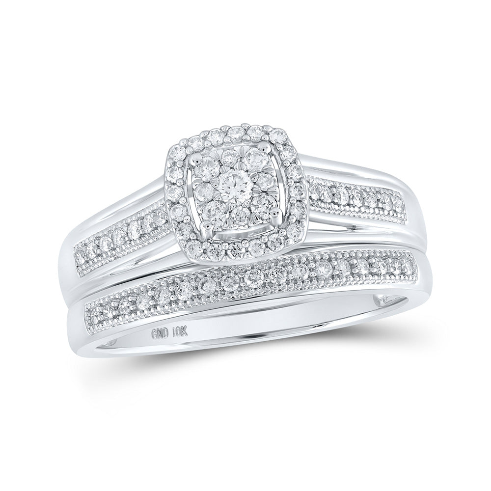 10K White Gold Round Diamond Cluster Bridal Wedding Ring Band Set 1/3 Cttw, Womens Size: 5-10