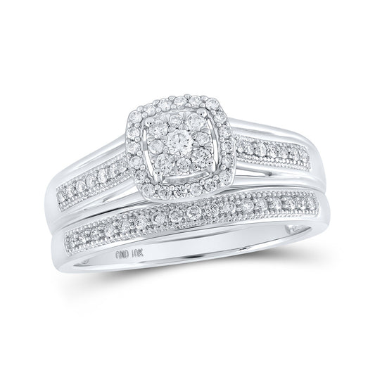 10K White Gold Round Diamond Cluster Bridal Wedding Ring Band Set 1/3 Cttw, Womens Size: 5-10