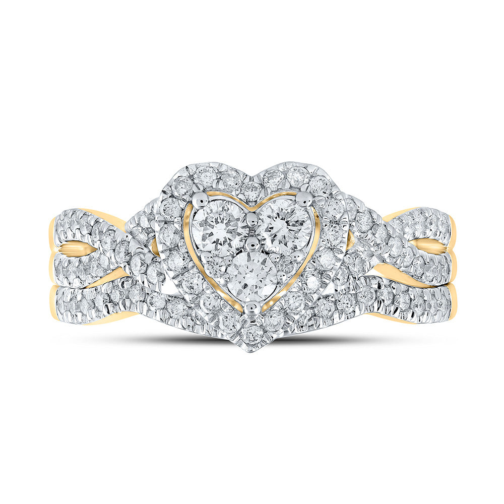 10K White Or Yellow Gold Round Diamond Heart Bridal Wedding Ring Band Set , Womens Size: 5-10