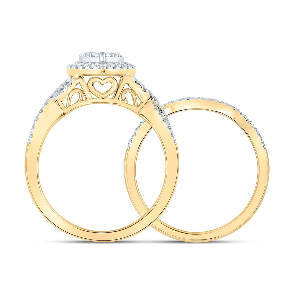 10K White Or Yellow Gold Round Diamond Heart Bridal Wedding Ring Band Set , Womens Size: 5-10