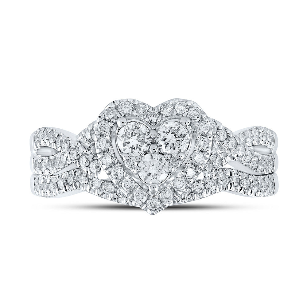 10K White Or Yellow Gold Round Diamond Heart Bridal Wedding Ring Band Set , Womens Size: 5-10