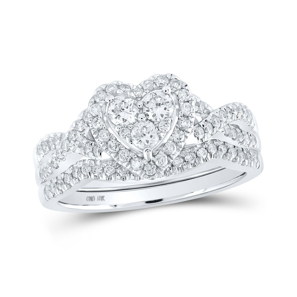 10K White Or Yellow Gold Round Diamond Heart Bridal Wedding Ring Band Set , Womens Size: 5-10