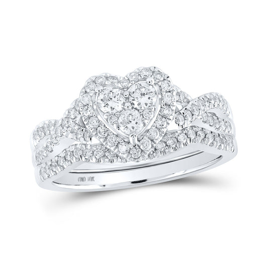 10K White Or Yellow Gold Round Diamond Heart Bridal Wedding Ring Band Set , Womens Size: 5-10