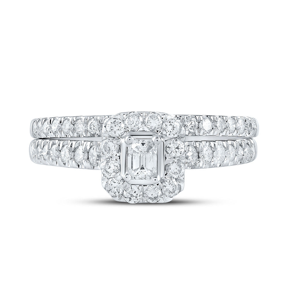 10K White Gold Emerald Diamond Halo Bridal Wedding Ring Band Set 3/4 Cttw, Womens Size: 5-10