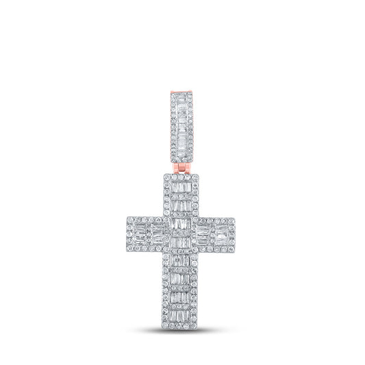 10K Rose Gold Mens Baguette Diamond Cross Charm Pendant 1-5/8 Cttw